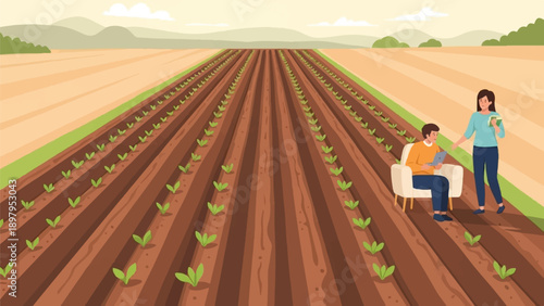 Two people tending to a newly planted farm field under a sunny sky