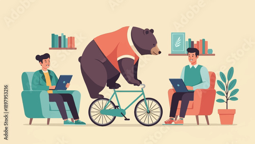 Two people using laptops while a bear rides a bicycle in a room