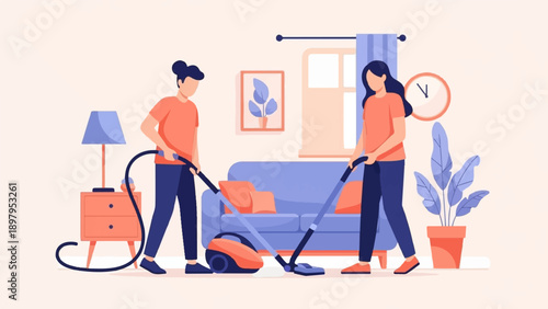 Two people vacuuming a living room with a couch and plants