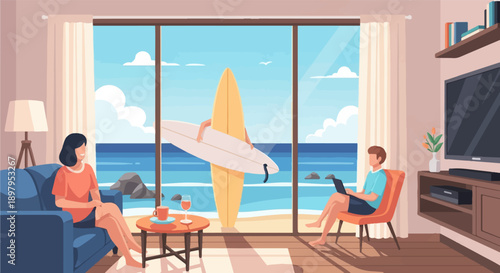 Two people relax indoors with a view of the ocean and a surfboard by the window