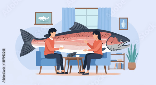 Two people sit on chairs talking with a giant salmon