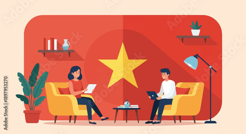 Two people relax in a room with a large yellow star on the wall