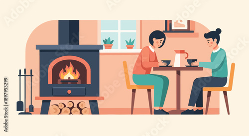 Two people sit by a cozy fireplace, sharing drinks at a table