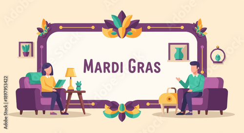 Two people relax in armchairs in a room with a Mardi Gras frame