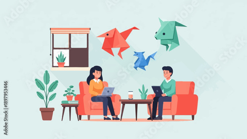 Two people sit on couches with laptops surrounded by origami animals