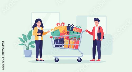 Two people with a full shopping cart of gifts, one holding a book