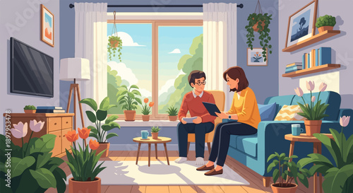 Two people sit in a sunlit room, discussing a tablet with potted plants