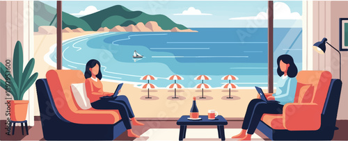 Two people relax indoors working on laptops with a serene beach view