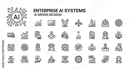 Enterprise AI Systems Icons: AI Driven Decision Making, Data Analysis, Business Growth
