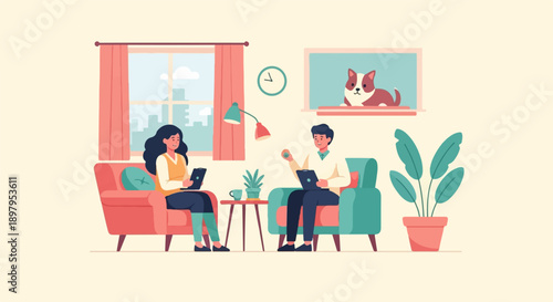 Two people sit on sofas in a room with a dog in a window