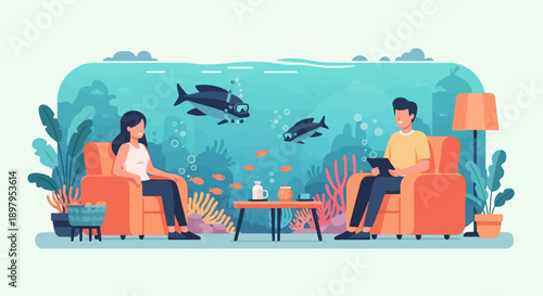 Two people relax in armchairs, looking into an aquarium with divers and fish