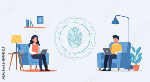 Two people sit in armchairs, each with a laptop, a fingerprint graphic hovers