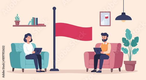 Two people sit on sofas using laptops with a flag on a pole between them