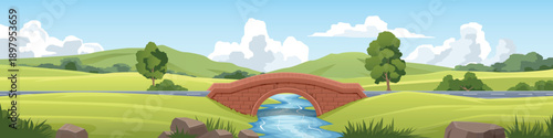 Panoramic landscape asphalt road with stone bridge over a blue river. Green rolling hills trees and white clouds under a bright sunny sky. Vector illustration banner background.