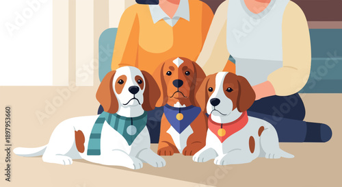 Two people with three friendly dogs of the same breed, wearing bandanas