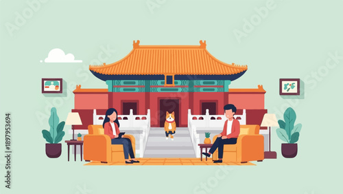 Two people relax near a traditional building with a corgi dog