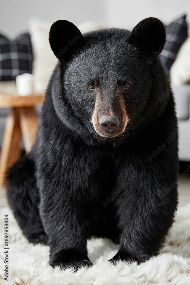 Fototapeta premium Black bear sitting up on rug in living room 