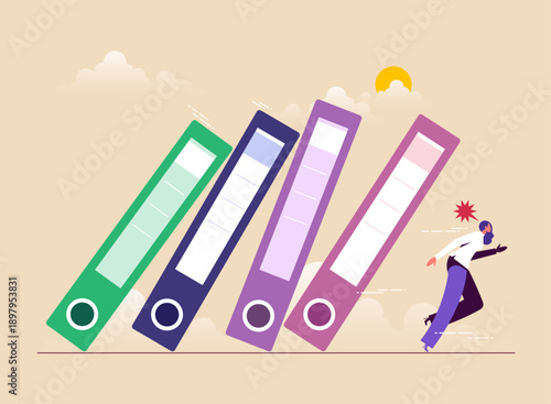Overworked or exhausted from overload tasks concept, fatigue businesswoman running from falling binders, symbolizing burnout, pressure, fatigue, and job stress in workplace