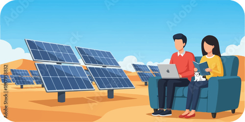 Two people relax on a couch near solar panels in a desert landscape