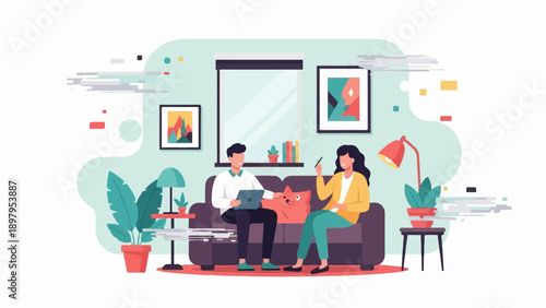 Two people relax on a couch with a cat, working on laptops