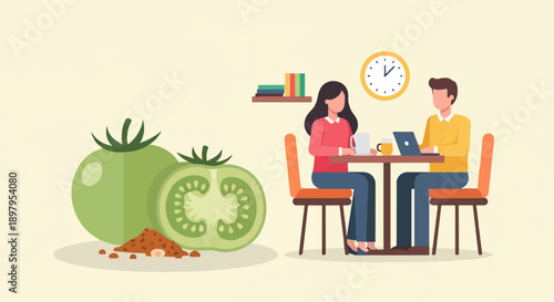 Two people work at a table with laptops, near a clock and books