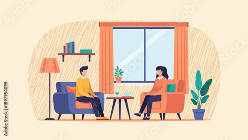 Two people sit in armchairs in a room with a window, plants, and books