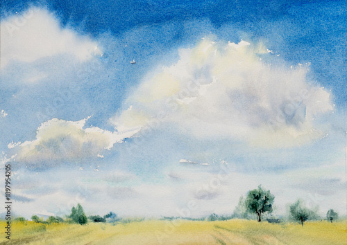 A serene watercolor landscape featuring a vast golden field stretching towards the horizon, dotted with lush green trees. White clouds on blue sky.
