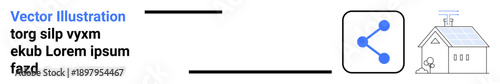 Smart homes, IoT systems, renewable energy, data exchange, online sharing, wireless connectivity. An icon of a share button with a house incorporating solar panels. Smart homes and IoT systems