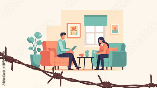 Two people sit in armchairs in a room, with barbed wire in the foreground