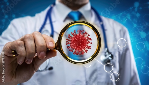 Wallpaper Mural Doctor looking at a magnified virus through a magnifying glass Torontodigital.ca