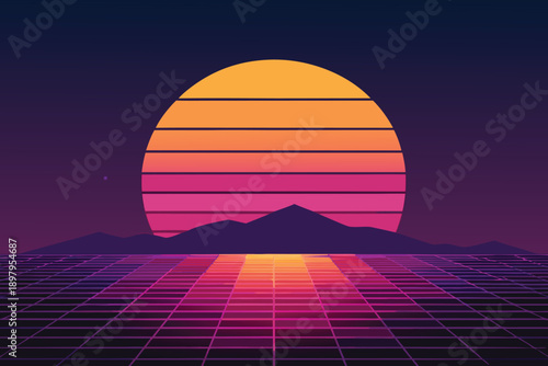Vibrant sunset over mountains with a grid pattern in the foreground