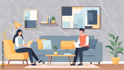Two people sitting in a modern living room with abstract art on the wall