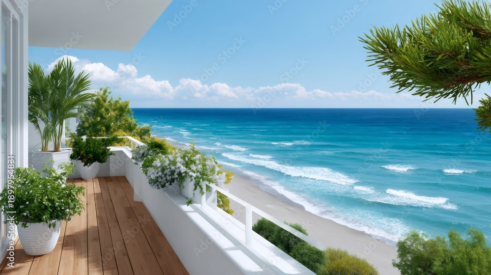 Fototapeta premium Balcony overlooking tropical beach ocean view