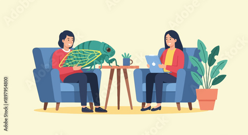 Two people sit in armchairs, one holding a large cicada, facing each other