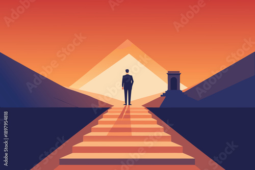 A solitary figure ascends a staircase towards a bright, mysterious light.