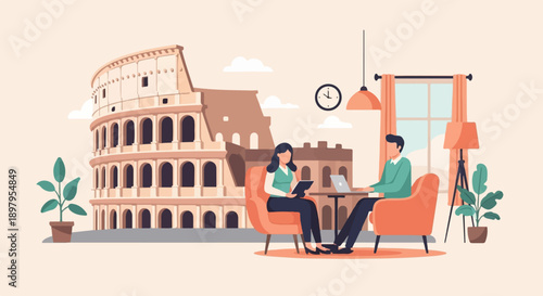 Two people work in a modern office with the Colosseum in the background