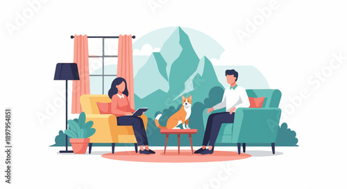 Two people relax in armchairs with a dog and mountains in background