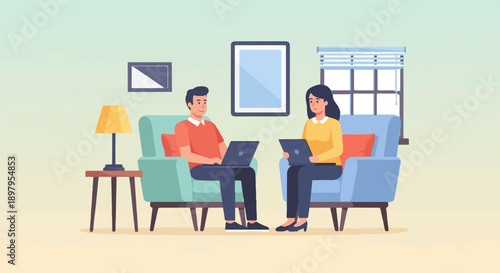 Two people sit in armchairs using laptops in a cozy room