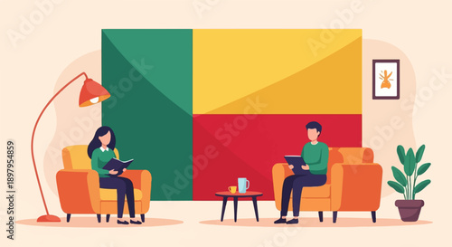 Two people sitting in armchairs reading books in a room with a large flag