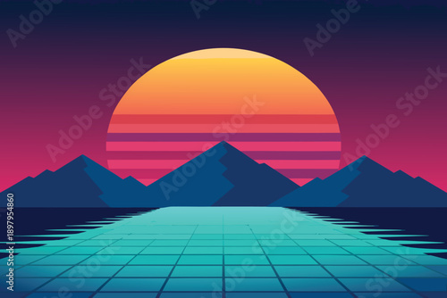 Vector illustration of a sunset landscape with mountains, desert sands, pyramids, glowing sky, and serene nature travel scenery