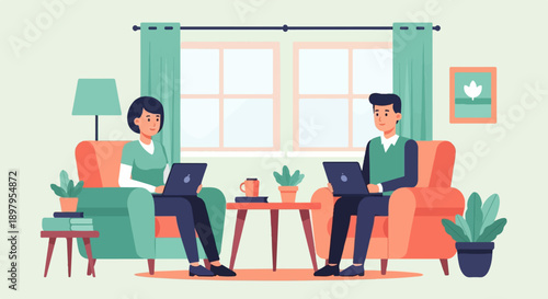 Two people sit in armchairs using laptops in a room with two windows