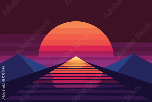 Stairway rising through the desert sky at sunset near the pyramids in a dreamy travel landscape illustration