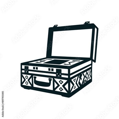 Tribal Patterned Suitcase Open Black and White