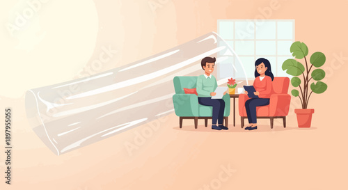 Two people sitting in chairs in a room, with a large glass object in front