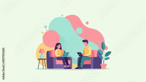 Two people relax on sofas, each with a laptop, in a colorful living space