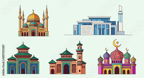 Collection of Islamic architectural illustrations featuring mosques and buildings from various viewpoints