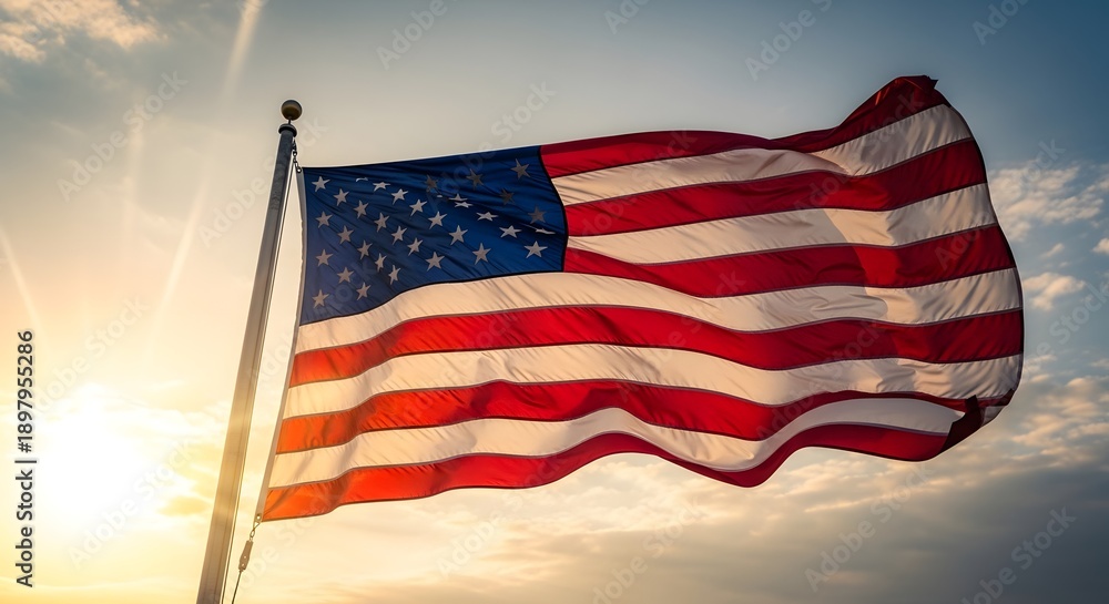 Obraz premium American flag waving in the wind against blue sky with sunlight