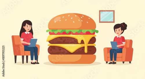 Two people sitting in chairs on either side of a giant burger, looking at tablets