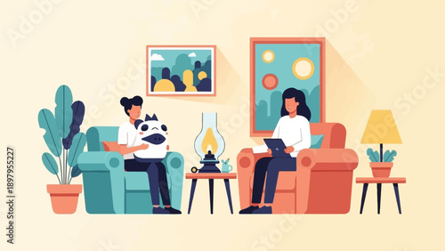 Two people relax in chairs in a cozy room with art