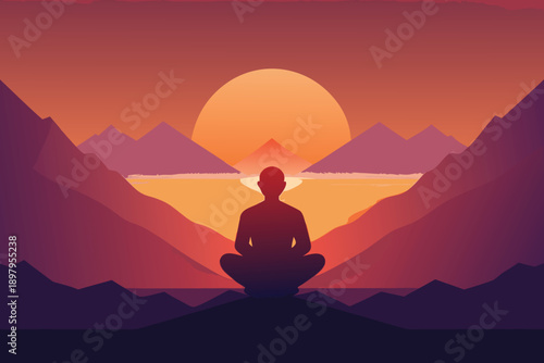 A person meditating in front of a serene sunset over a mountain landscape